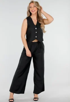 Zwarte Linnenlook 2-Piece Set met Gilet en Wijde Broek