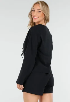 Zwarte Linnenlook 2-Piece Set met Striktop en Shorts
