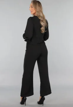 Zwarte Linnenlook Two Piece met Strikjes