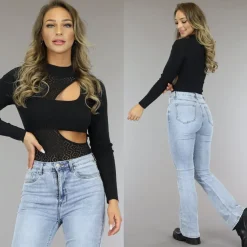 Zwarte Longsleeve Bodysuit met Cutout en Patroon