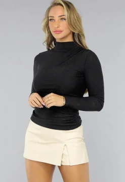 Zwarte Longsleeve Geplooide Top met Glitters