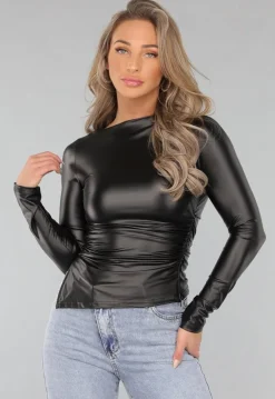 Zwarte Longsleeve Geplooide Lederlook Top