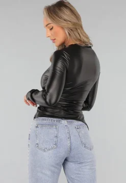 Zwarte Longsleeve Geplooide Lederlook Top