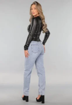 Zwarte Longsleeve Geplooide Lederlook Top