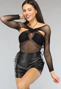 Zwarte Longsleeve Glitter Fishnet Bodysuit