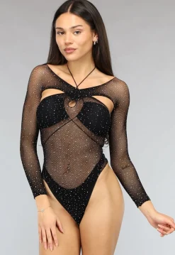 Zwarte Longsleeve Glitter Fishnet Bodysuit