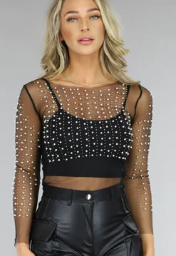 Zwarte Longsleeve Mesh Parel Top