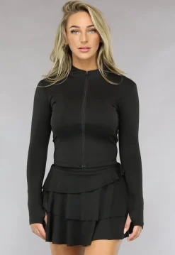 Zwarte Longsleeve Sporttop met Rits en Duimgaten
