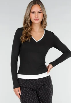 Zwarte Longsleeve Top met V-Hals en Witte Boorden