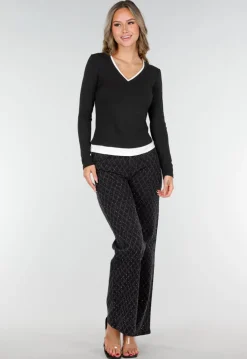 Zwarte Longsleeve Top met V-Hals en Witte Boorden