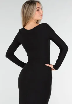 Zwarte Maxi Jurk met Diepe Halsuitsnijding en Lange Mouwen in Stretch