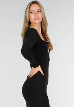 Zwarte Maxi Jurk met Diepe Halsuitsnijding en Lange Mouwen in Stretch
