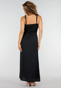 Zwarte Maxi Jurk met Smock Bodice, Strikbandjes en Knoopsluiting