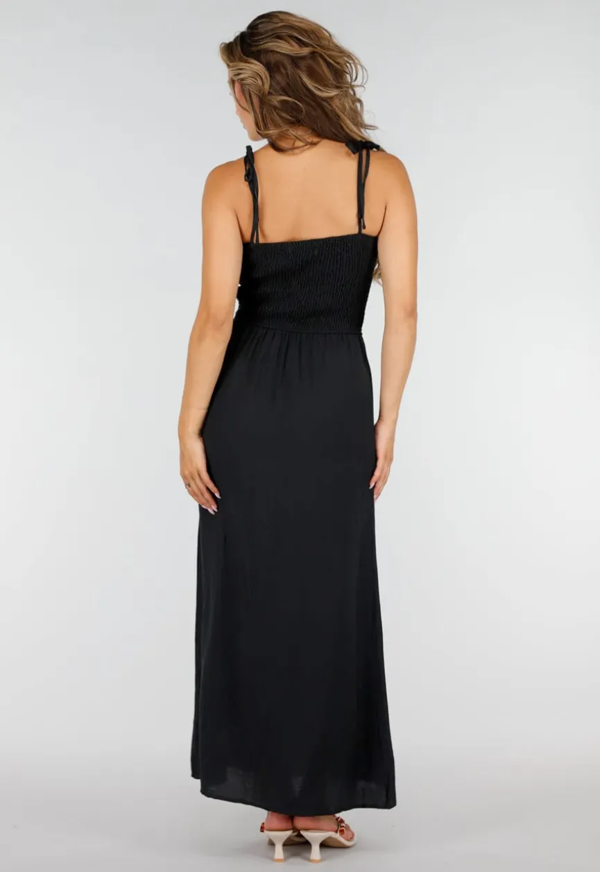 Zwarte Maxi Jurk met Smock Bodice, Strikbandjes en Knoopsluiting