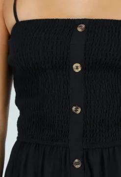 Zwarte Maxi Jurk met Smock Bodice, Strikbandjes en Knoopsluiting