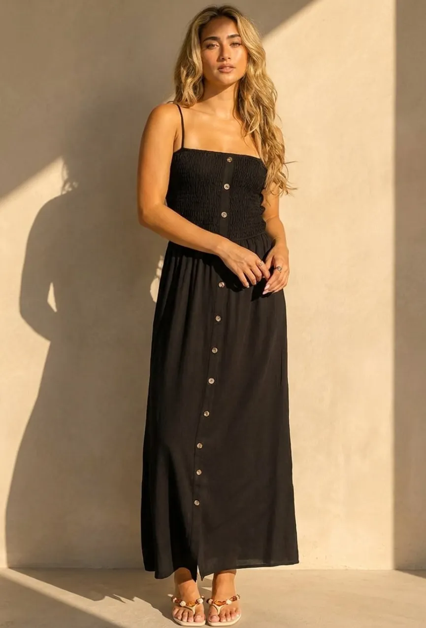 Zwarte Maxi Jurk met Smock Bodice, Strikbandjes en Knoopsluiting