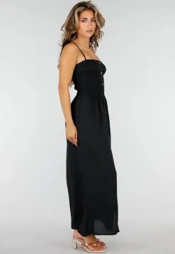 Zwarte Maxi Jurk met Smock Bodice, Strikbandjes en Knoopsluiting