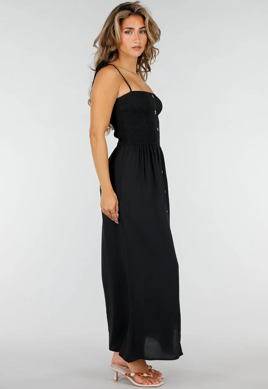 Zwarte Maxi Jurk met Smock Bodice, Strikbandjes en Knoopsluiting
