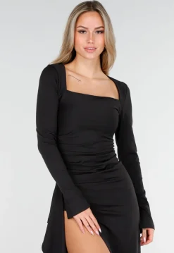 Zwarte Maxi Jurk met Vierkante Hals en Split in Stretch