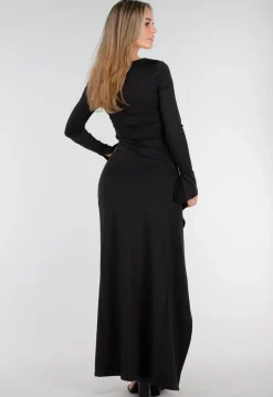Zwarte Maxi Jurk met Vierkante Hals en Split in Stretch
