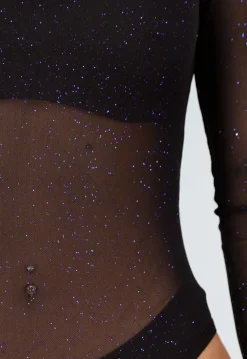 Zwarte Mesh Body met Blauwe Glitters en Lange Mouwen en Col