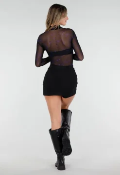 Zwarte Mesh Body met Blauwe Glitters en Lange Mouwen en Col