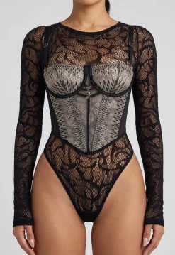 Zwarte Mesh Body met Korsettop en Slangenprint