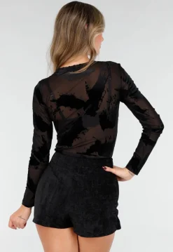 Zwarte Mesh Bodysuit met Flocked Print