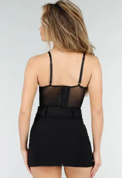 Zwarte Mesh Corset Top met Steentjes en Beugelcups