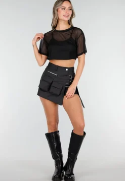 Zwarte Mesh Crop Top met Korte Mouwen