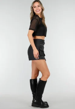 Zwarte Mesh Crop Top met Korte Mouwen