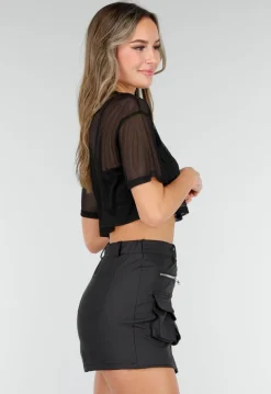 Zwarte Mesh Crop Top met Korte Mouwen