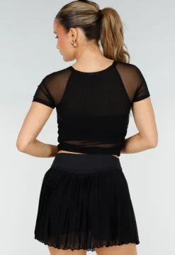 Zwarte Mesh Crop Top met Korte Mouwen en Pads
