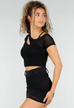 Zwarte Mesh Crop Top met Korte Mouw en Pads
