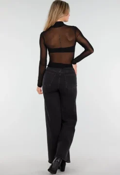 Zwarte Mesh Crop Top met Kruishals en Stretch