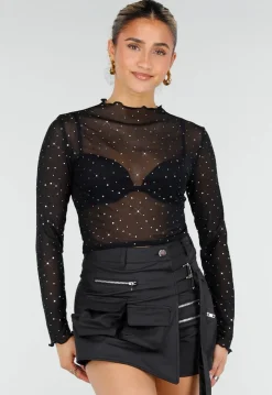 Zwarte Mesh Crop Top met Strass Steentjes en Lange Mouwen