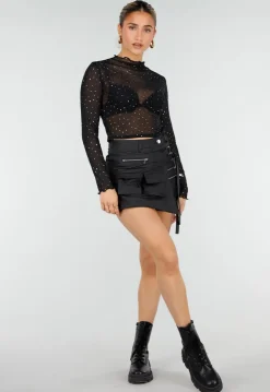 Zwarte Mesh Crop Top met Strass Steentjes en Lange Mouwen