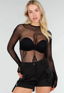 Zwarte Mesh Fishnet Body met Slangenprint
