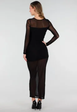 Zwarte Mesh Jurk met Lange Mouwen en Stretch