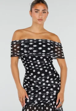Zwarte Mesh Lange Jurk met Stippen en Split van Stretch