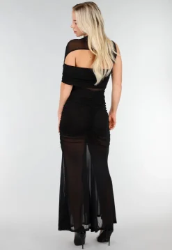 Zwarte Mesh Maxi Jurk met Cut-Out