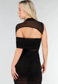 Zwarte Mesh Maxi Jurk met Cut-Out