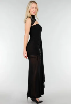 Zwarte Mesh Maxi Jurk met Cut-Out
