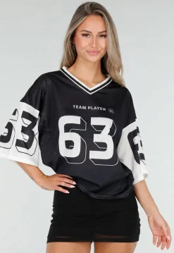 Zwarte Mesh Oversized Stretch Jersey T-Shirt met V-Hals