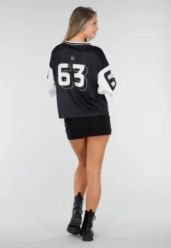 Zwarte Mesh Oversized Stretch Jersey T-Shirt met V-Hals