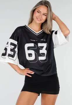 Zwarte Mesh Oversized Stretch Jersey T-Shirt met V-Hals