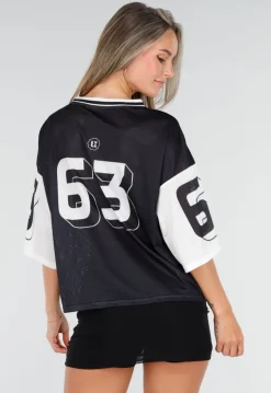 Zwarte Mesh Oversized Stretch Jersey T-Shirt met V-Hals