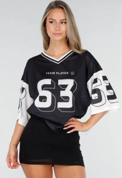 Zwarte Mesh Oversized Stretch Jersey T-Shirt met V-Hals
