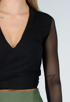 Zwarte Mesh Overslag Top met Strikdetail