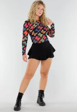 Zwarte Mesh Playsuit met Vlinderprint en Open Rug